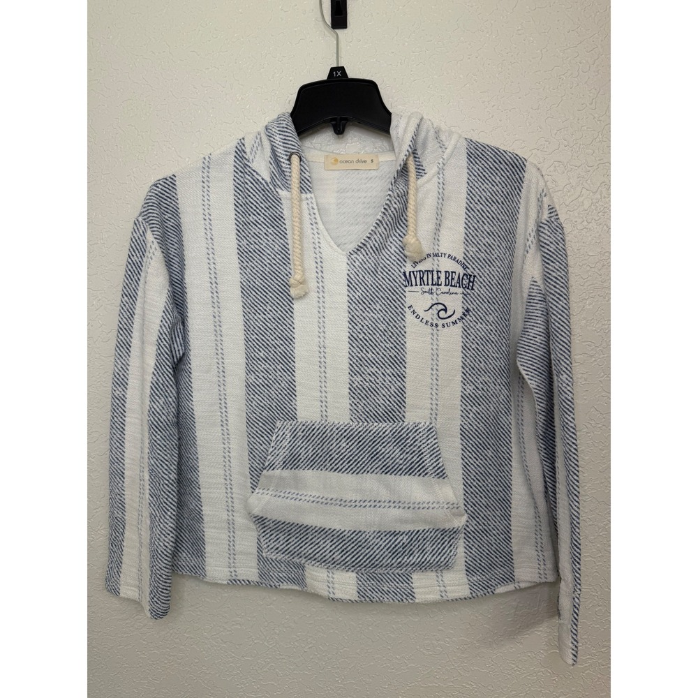 Ocean Drive Myrtle Beach Blue White Striped Pullover Hoodie Small Women's